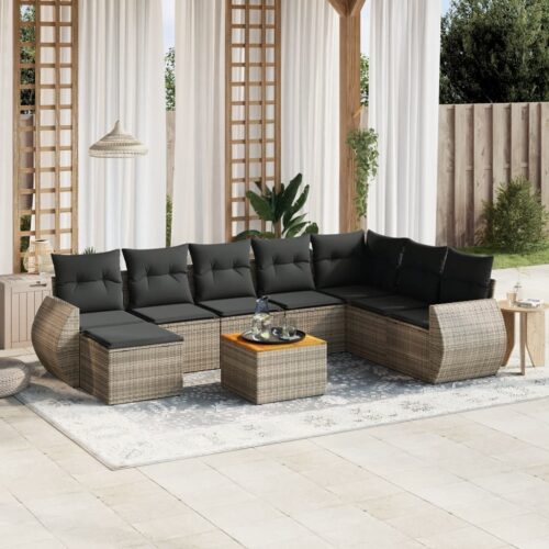 9-Piece Garden Sofa Set with Cushions Grey Poly Rattan Wicker Outdoor Patio Furniture - Image 2
