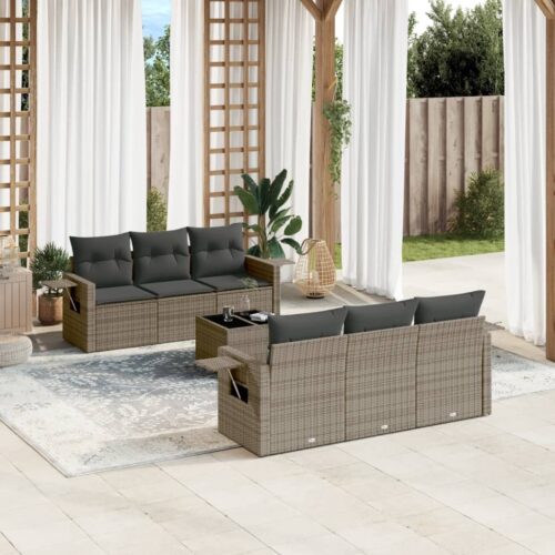 7-Piece Garden Sofa Set with Cushions Grey Poly Rattan Wicker Outdoor Patio Furniture - Image 2