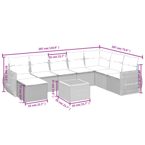 9-Piece Garden Sofa Set with Cushions Grey Poly Rattan Wicker Outdoor Patio Furniture - Image 9