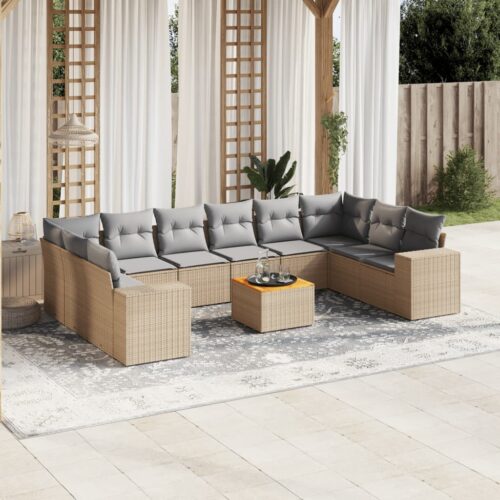 11-Piece Garden Sofa Set with Cushions Beige Poly Rattan Wicker Outdoor Patio Furniture - Image 2