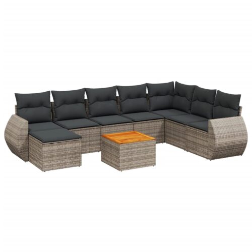 9-Piece Garden Sofa Set with Cushions Grey Poly Rattan Wicker Outdoor Patio Furniture - Image 14