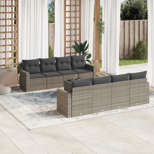9-Piece Garden Sofa Set with Cushions Grey Poly Rattan Wicker Outdoor Patio Furniture - Image 2