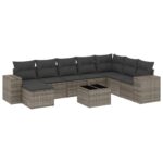 9-Piece Garden Sofa Set with Cushions Grey Poly Rattan Wicker Outdoor Patio Furniture