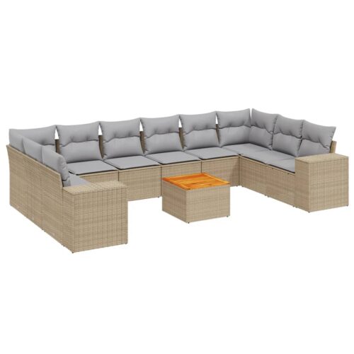 11-Piece Garden Sofa Set with Cushions Beige Poly Rattan Wicker Outdoor Patio Furniture - Image 14