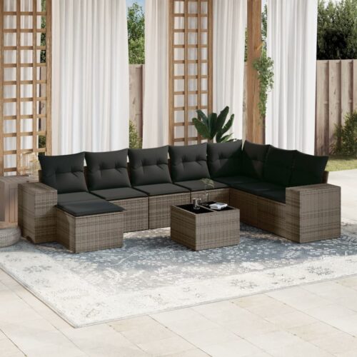 9-Piece Garden Sofa Set with Cushions Grey Poly Rattan Wicker Outdoor Patio Furniture - Image 2