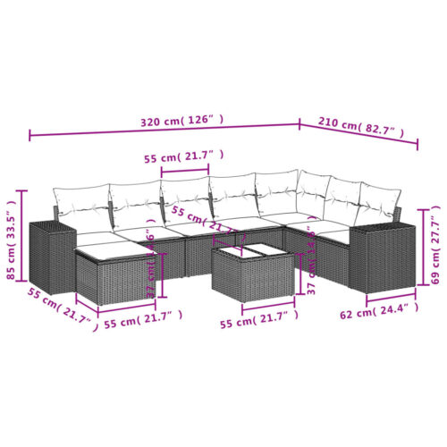 9-Piece Garden Sofa Set with Cushions Grey Poly Rattan Wicker Outdoor Patio Furniture - Image 9