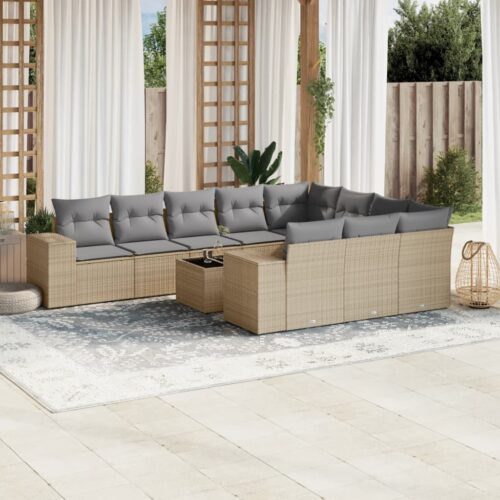 11-Piece Garden Sofa Set with Cushions Beige Poly Rattan Wicker Outdoor Patio Furniture - Image 2