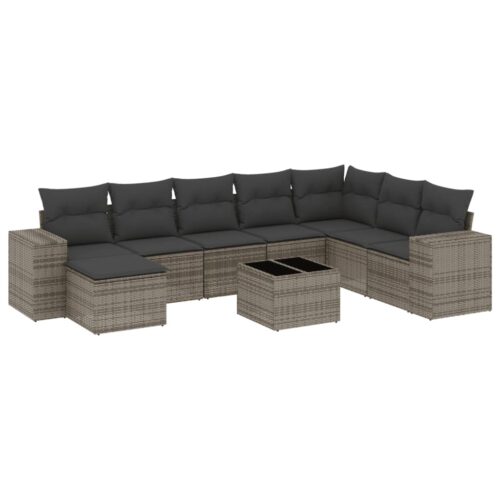 9-Piece Garden Sofa Set with Cushions Grey Poly Rattan Wicker Outdoor Patio Furniture - Image 14