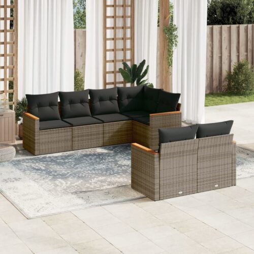 7-Piece Garden Sofa Set with Cushions Grey Poly Rattan Wicker Outdoor Patio Furniture - Image 2
