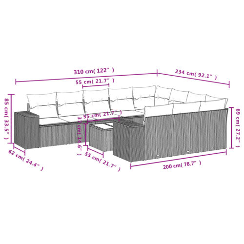 11-Piece Garden Sofa Set with Cushions Beige Poly Rattan Wicker Outdoor Patio Furniture - Image 8