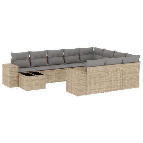 11-Piece Garden Sofa Set with Cushions Beige Poly Rattan Wicker Outdoor Patio Furniture
