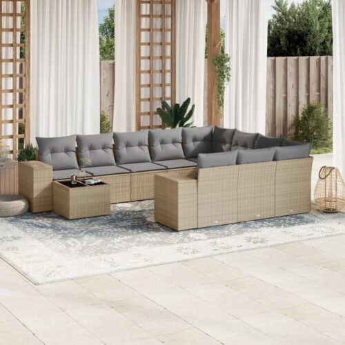 11-Piece Garden Sofa Set with Cushions Beige Poly Rattan Wicker Outdoor Patio Furniture - Image 2