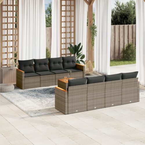 9-Piece Garden Sofa Set with Cushions Grey Poly Rattan Wicker Outdoor Patio Furniture - Image 13