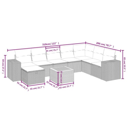 9-Piece Garden Sofa Set with Cushions Grey Poly Rattan Wicker Outdoor Patio Furniture - Image 4