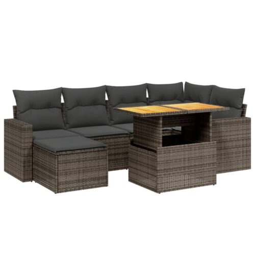 7-Piece Garden Sofa Set with Cushions Grey Poly Rattan Wicker Outdoor Patio Furniture