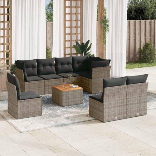 9-Piece Garden Sofa Set with Cushions Grey Poly Rattan Wicker Outdoor Patio Furniture - Image 2