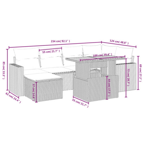 7-Piece Garden Sofa Set with Cushions Grey Poly Rattan Wicker Outdoor Patio Furniture - Image 4