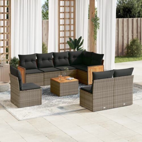9-Piece Garden Sofa Set with Cushions Grey Poly Rattan Wicker Outdoor Patio Furniture - Image 2