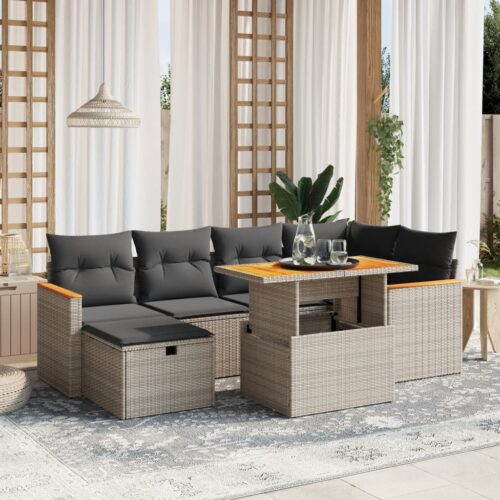 7-Piece Garden Sofa Set with Cushions Grey Poly Rattan Wicker Outdoor Patio Furniture - Image 2