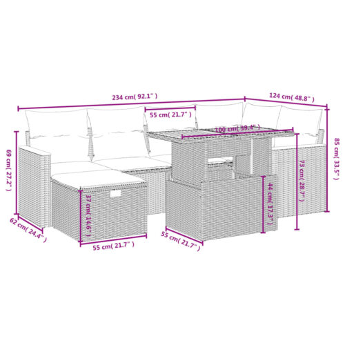 7-Piece Garden Sofa Set with Cushions Grey Poly Rattan Wicker Outdoor Patio Furniture - Image 4