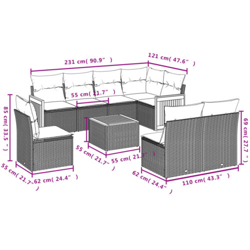 9-Piece Garden Sofa Set with Cushions Grey Poly Rattan Wicker Outdoor Patio Furniture - Image 8
