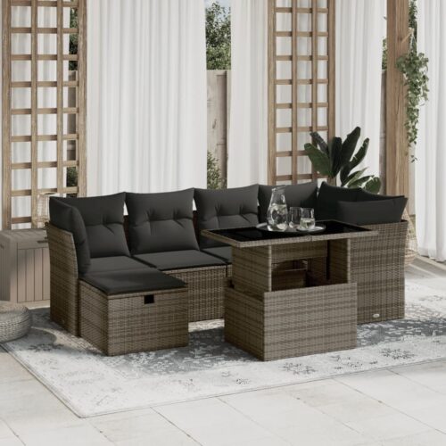 7-Piece Garden Sofa Set with Cushions Grey Poly Rattan Wicker Outdoor Patio Furniture - Image 2