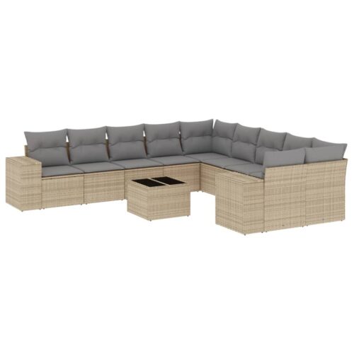 11-Piece Garden Sofa Set with Cushions Beige Poly Rattan Wicker Outdoor Patio Furniture