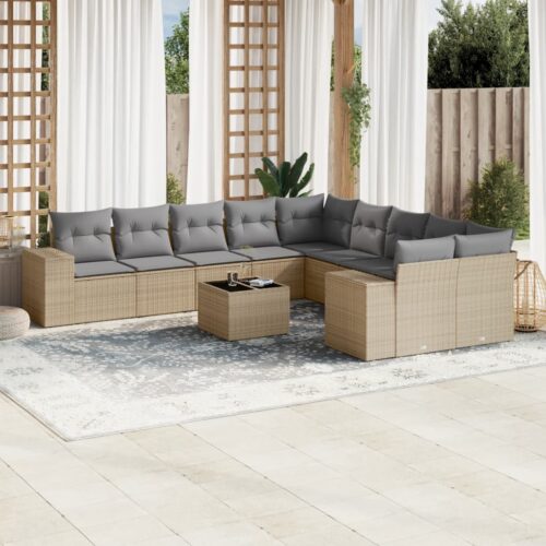 11-Piece Garden Sofa Set with Cushions Beige Poly Rattan Wicker Outdoor Patio Furniture - Image 2