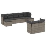 9-Piece Garden Sofa Set with Cushions Grey Poly Rattan Wicker Outdoor Patio Furniture