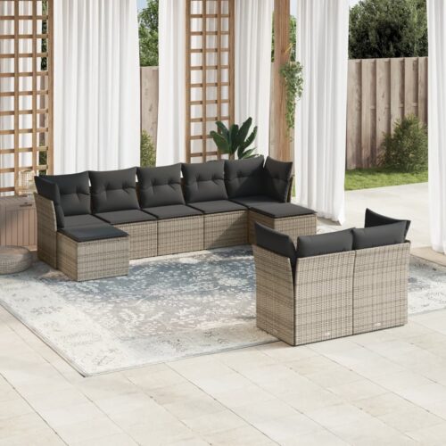 9-Piece Garden Sofa Set with Cushions Grey Poly Rattan Wicker Outdoor Patio Furniture - Image 2