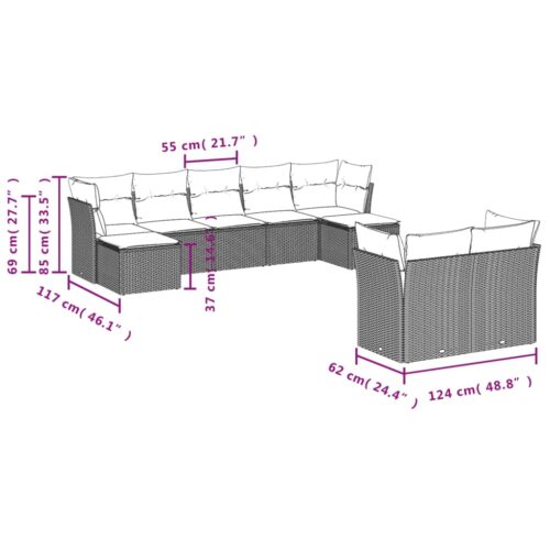9-Piece Garden Sofa Set with Cushions Grey Poly Rattan Wicker Outdoor Patio Furniture - Image 3