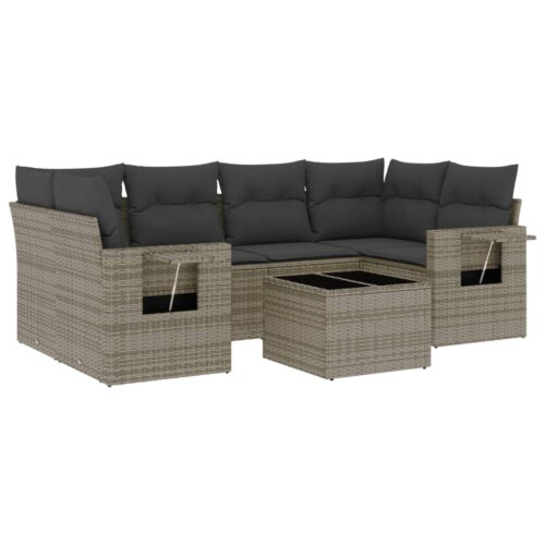 7-Piece Garden Sofa Set with Cushions Grey Poly Rattan Wicker Outdoor Patio Furniture