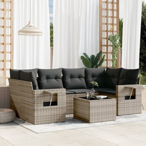 7-Piece Garden Sofa Set with Cushions Grey Poly Rattan Wicker Outdoor Patio Furniture - Image 2