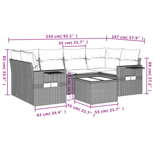 7-Piece Garden Sofa Set with Cushions Grey Poly Rattan Wicker Outdoor Patio Furniture - Image 3