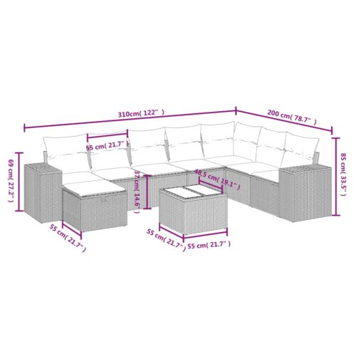 9-Piece Garden Sofa Set with Cushions Grey Poly Rattan Wicker Outdoor Patio Furniture - Image 4