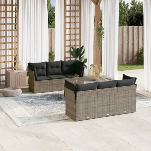 7-Piece Garden Sofa Set with Cushions Grey Poly Rattan Wicker Outdoor Patio Furniture - Image 2
