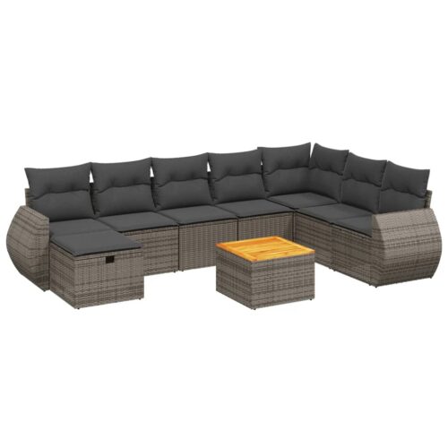 9-Piece Garden Sofa Set with Cushions Grey Poly Rattan Wicker Outdoor Patio Furniture
