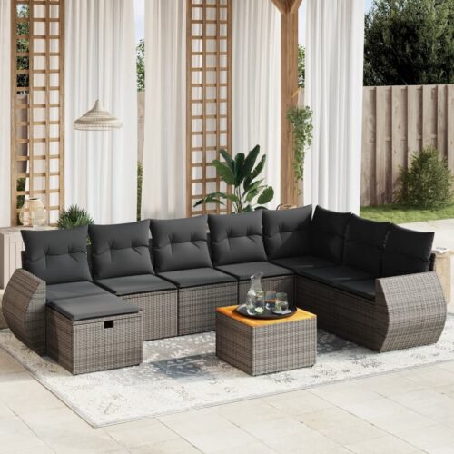 9-Piece Garden Sofa Set with Cushions Grey Poly Rattan Wicker Outdoor Patio Furniture - Image 2