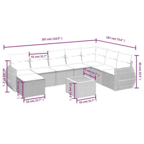 9-Piece Garden Sofa Set with Cushions Grey Poly Rattan Wicker Outdoor Patio Furniture - Image 4
