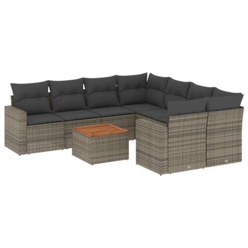 9-Piece Garden Sofa Set with Cushions Grey Poly Rattan Wicker Outdoor Patio Furniture