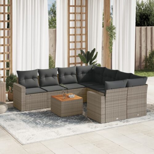 9-Piece Garden Sofa Set with Cushions Grey Poly Rattan Wicker Outdoor Patio Furniture - Image 2