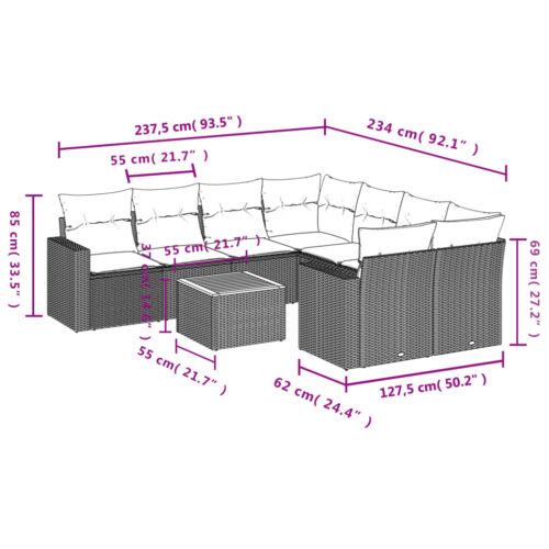 9-Piece Garden Sofa Set with Cushions Grey Poly Rattan Wicker Outdoor Patio Furniture - Image 3