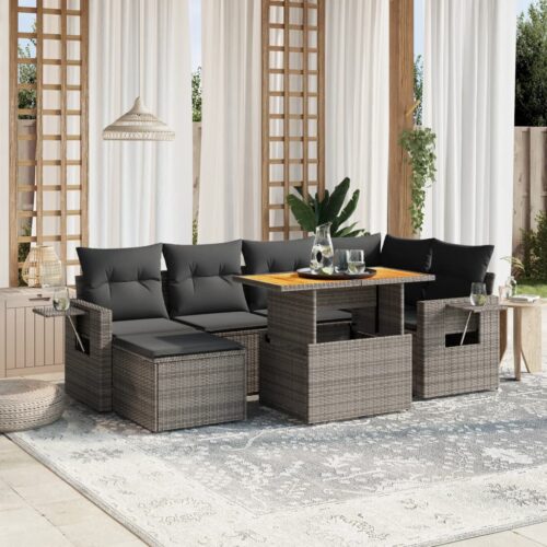 7-Piece Garden Sofa Set with Cushions Grey Poly Rattan Wicker Outdoor Patio Furniture - Image 2