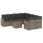 9-Piece Garden Sofa Set with Cushions Grey Poly Rattan Wicker Outdoor Patio Furniture