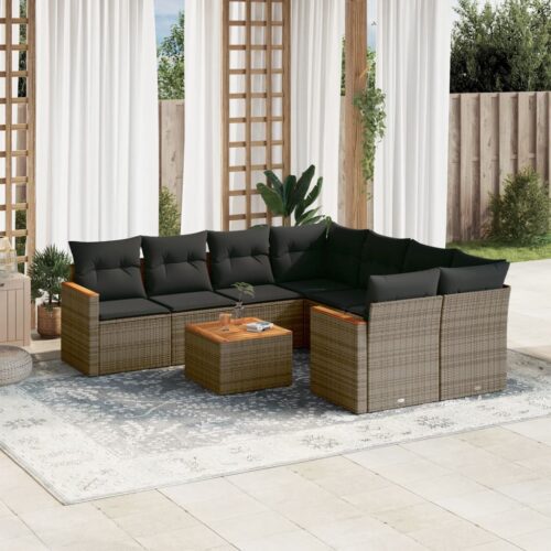 9-Piece Garden Sofa Set with Cushions Grey Poly Rattan Wicker Outdoor Patio Furniture - Image 2