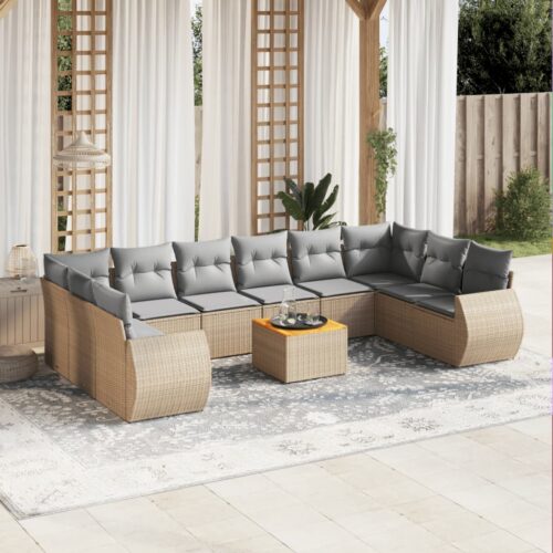 11-Piece Garden Sofa Set with Cushions Beige Poly Rattan Wicker Outdoor Patio Furniture - Image 2