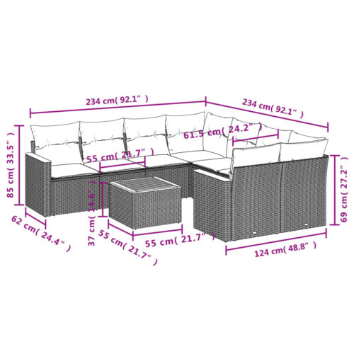 9-Piece Garden Sofa Set with Cushions Grey Poly Rattan Wicker Outdoor Patio Furniture - Image 8