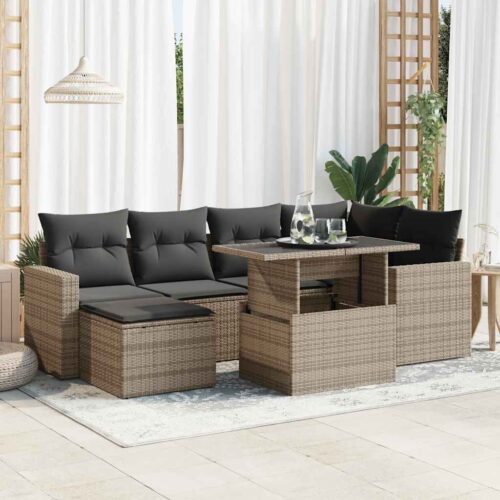 7-Piece Garden Sofa Set with Cushions Grey Poly Rattan Wicker Outdoor Patio Furniture - Image 2