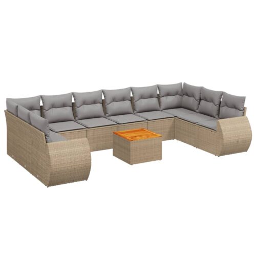11-Piece Garden Sofa Set with Cushions Beige Poly Rattan Wicker Outdoor Patio Furniture - Image 14