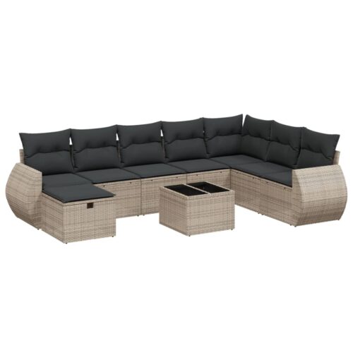 9-Piece Garden Sofa Set with Cushions Grey Poly Rattan Wicker Outdoor Patio Furniture